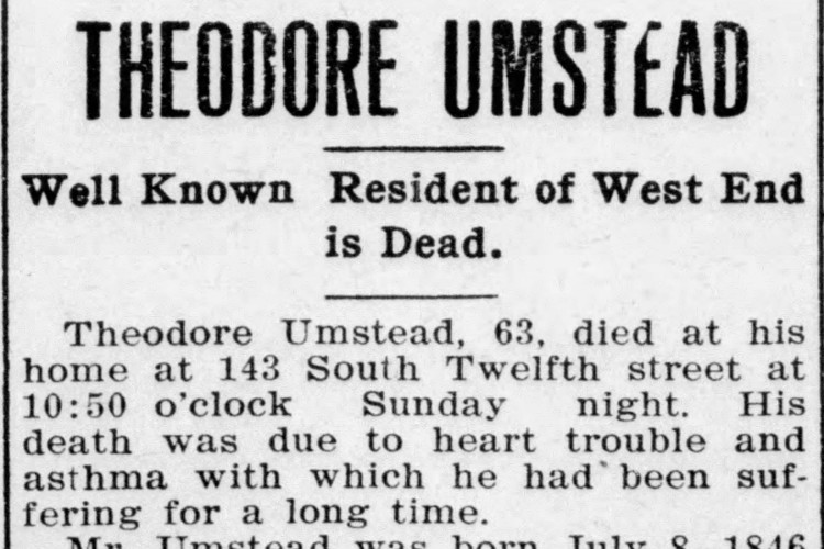 Theodore Umstead's obituary that appeared in the New Philadelphia, Ohio newspaper, February 1910. (Source: newspapers.com)