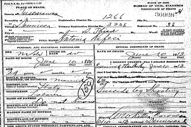 Detail from Antonio Repici's death certificate, June 1913. (Source: familysearch.org)