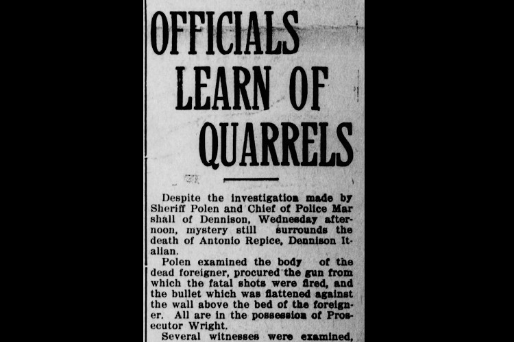 Newspaper headline for article on the shooting of Antonio Repici, June 1913. (Source: newspapers.com)