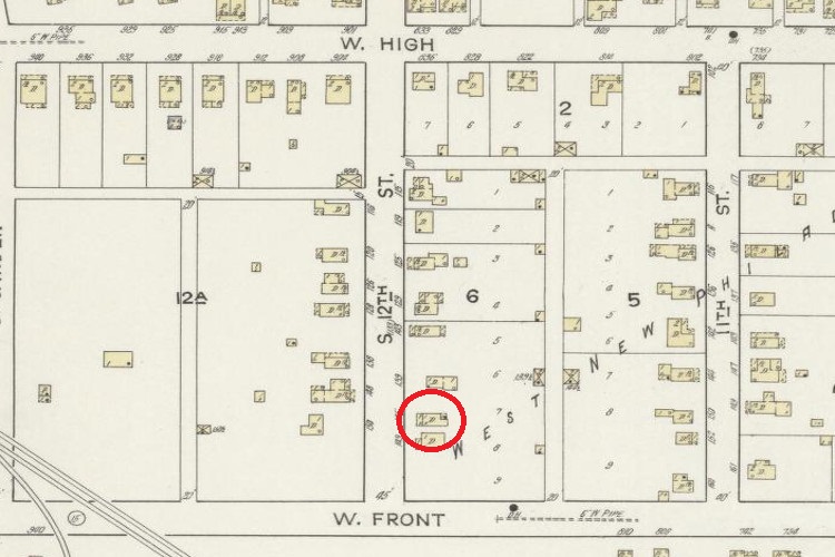 Map showing the location of the Umstead home on 12th Street (modern 9th Street SW) in New Philadelphia, Ohio, 1914. (Source: loc.gov)
