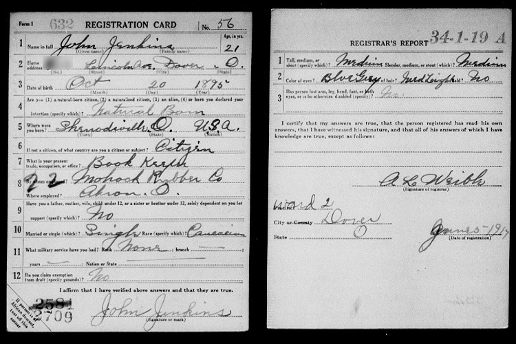 John L. Jenkins' World War One draft registration card, June 1917. (Source: familysearch.org)