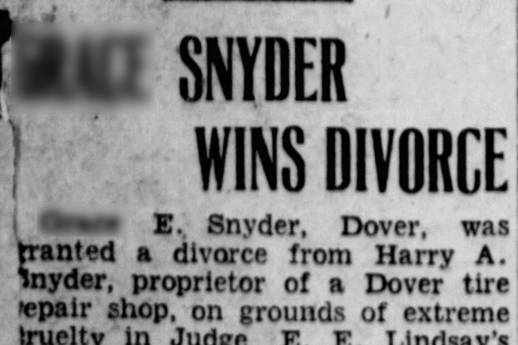 New Philadelphia, Ohio newspaper story on the Harry Snyder's divorce, June 1932. (Source: newspapers.com)