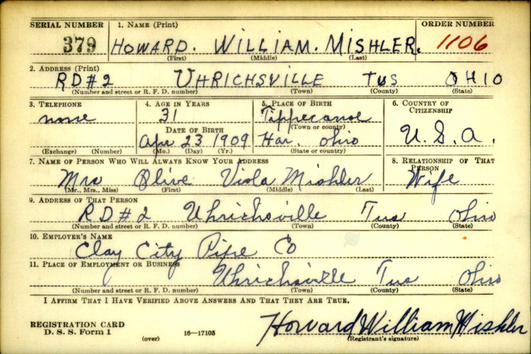 Howard Mishler's World War Two Draft Registration, October 1940. (Source: familysearch.org)