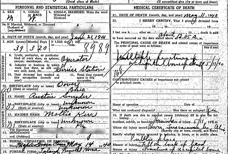Detail from Harry Snyder's death certificate, May 1940. (Source: familysearch.org)