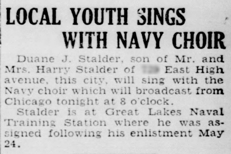 New Philadelphia, Ohio newspaper article on Duane Stalder singing with a Navy Choir, July 1943. (Source: newspapers.com)