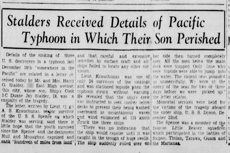 New Philadelphia, Ohio newspaper story reporting further details on the sinking of the USS Spence, February 1945. (Source: newspapers.com)