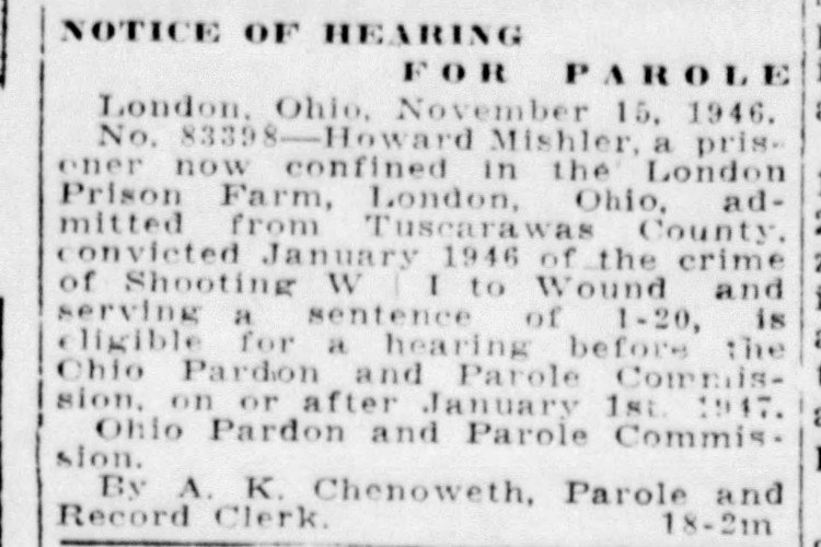 New Philadelphia, Ohio newspaper announcement on Howard Mishler's parole hearing, November 1946. (Source: newspapers.com)