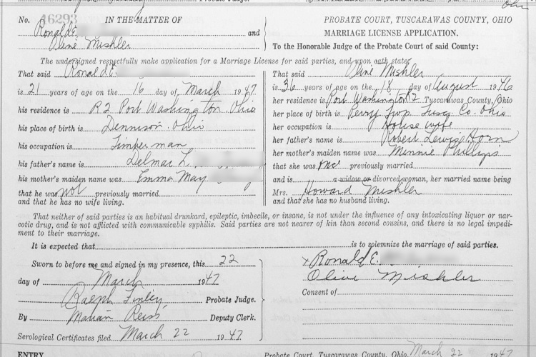 Record of Olive Horn Mishler's second marriage, March 1947. (Source: familysearch.org)