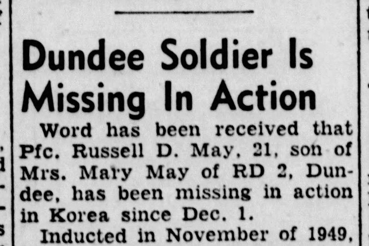 New Philadelphia, Ohio newspaper article reporting on Russell May's status, January 1951. (Source: newspapers.com)
