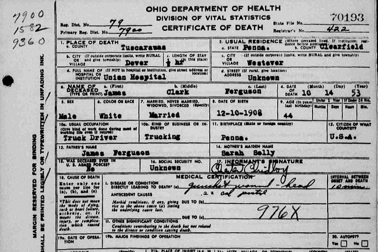 John Clark Ferguson's death certificate, October 1953. (Source: familysearch.org)