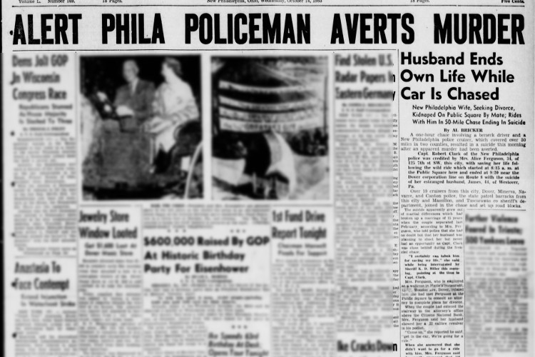 New Philadelphia, Ohio newspaper front page with the Ferguson story, October 1953. (Source: newspapers.com)