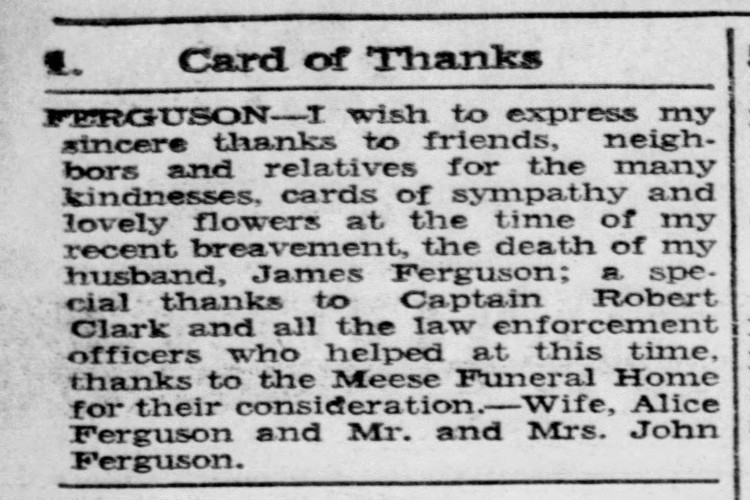 "Card of Thanks" from Alice Ferguson in the New Philadelphia, Ohio newspaper, (Source: newspapers.com)
