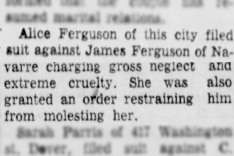 New Philadelphia, Ohio newspaper article containing reference to the Ferguson divorce, September 1953. (Source: newspapers.com)