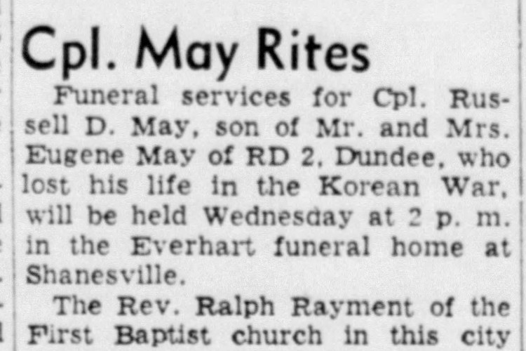 New Philadelphia, Ohio newspaper story on the funeral of Russell D. May, September 1955. (Source: newspapers.com)