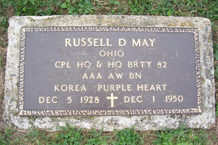 Russell D. May's gravestone in the Wayne Township Cemetery in Dundee, Ohio, 2020. (Source: findagrave.com)