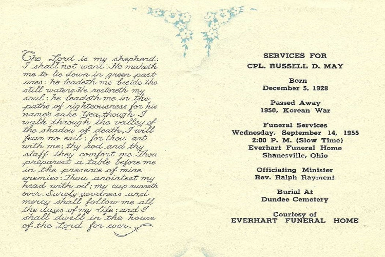 Funeral pamphlet for Russell D. May, September 1955. (Source: ancestry.com)