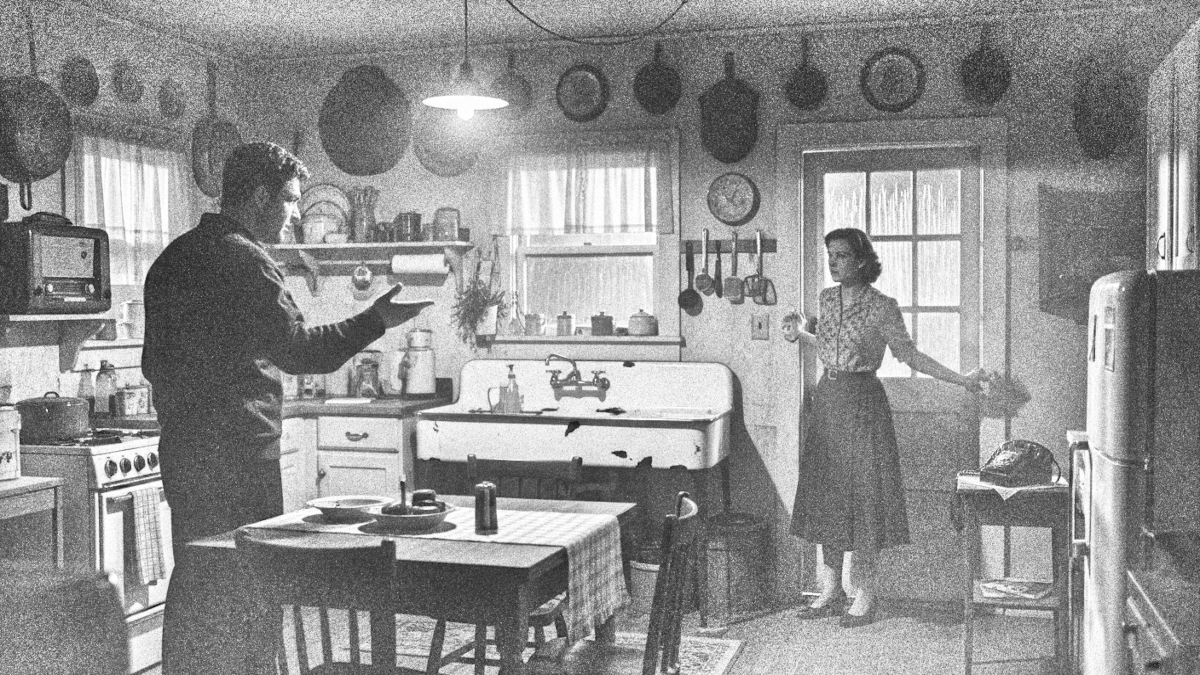 Ai generated image depicting the argument between Howard and Olive Mishler, 2026. (Source: ImageFX)