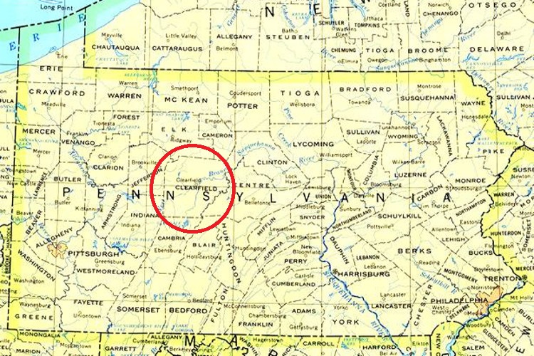 Map of Pennsylvania showing the location of Clearfield County. (Source: google.com)