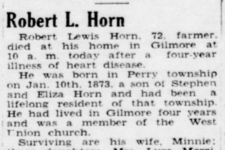 Olive Horn Mishler's father's obituary in the New Philadelphia, Ohio newspaper, November 1945. (Source: newspapers.com)