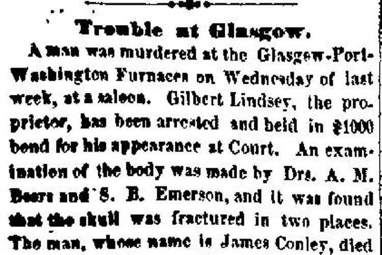 New Philadelphia, Ohio newspaper article reporting the killing of James Conley by Gilbert Linsey, April 1875. (Source: newspaperarchive.com)