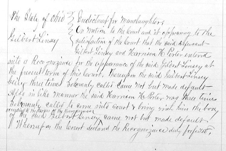 Portion of court record of Gilbert Linsey, May 1875. (Source: familysearch.org)