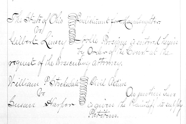 Record of the case being dropped against Gilbert Linsey from the Tuscarawas County Court Records, November 1877. (Source: familysearch.org)