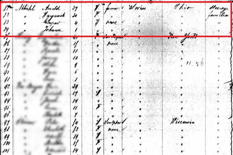 The Abbuhl family recorded on the passenger list for the ship St. Laurent, April 1885. (Source: familysearch.org)