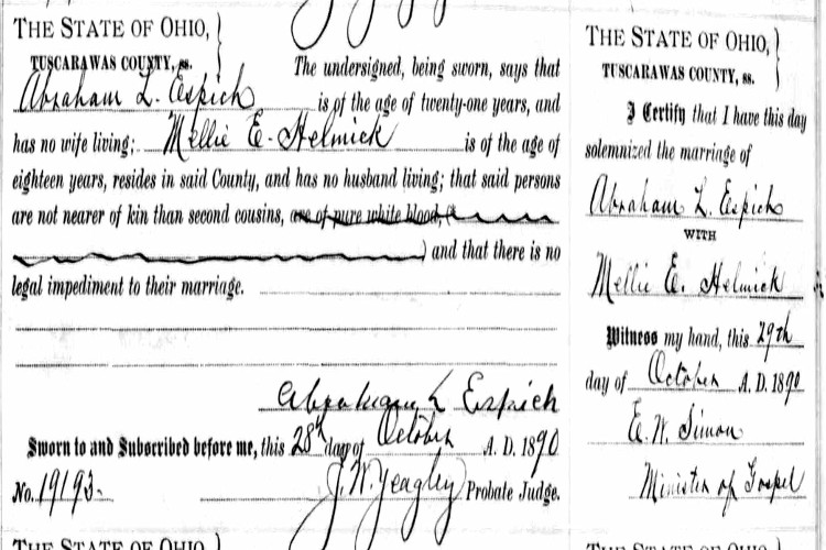 Marriage of Abraham Espich and Mellie Helmick recorded in the Tuscarawas County records, October 1890. (Source: familysearch.org)