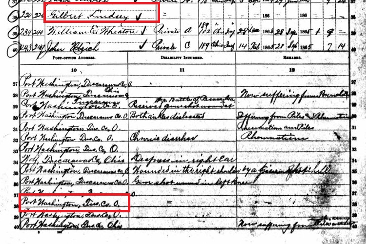 Gilbert Linsey recorded on the 1890 Veterans Census. (Source: familysearch.org)