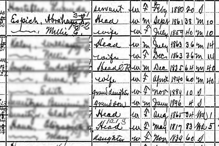 Abraham and Mellie Espich recorded in the 1900 census for New Philadelphia, Ohio. (Source: familysearch.org)