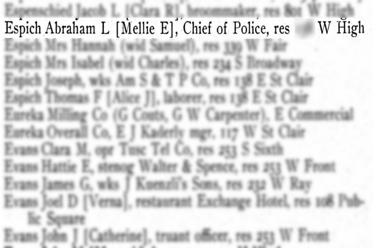 Abraham and Mellie Espich recorded in the 1907 city directory for New Philadelphia, Ohio. (Source: ancestry.com)