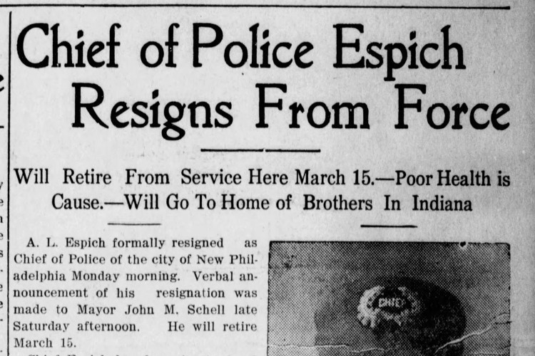 Newspaper article on Abraham Espich's first retirement from the New Philadelphia, Ohio police force, January 1901. (Source: newspapers.com)