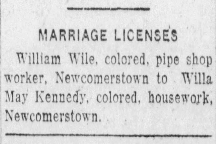 Marriage of William Ware (misspelled as Wile) and Willa May Kennedy reported in the New Philadelphia, Ohio newspaper, July 1924. (Source: newspapers.com)