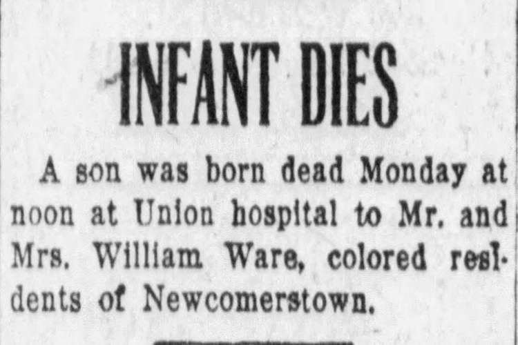 The death of the Ware's infant son reported in the New Philadelphia, Ohio newspaper, June 1925. (Source: newspapers.com)