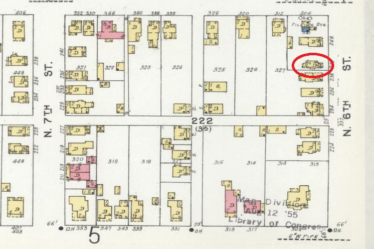 The Espich House (circled in red) on N. 6th Street (Third Street NW) as depicted on the 1926 Sanborn Map for New Philadelphia, Ohio. (Source: loc.gov)