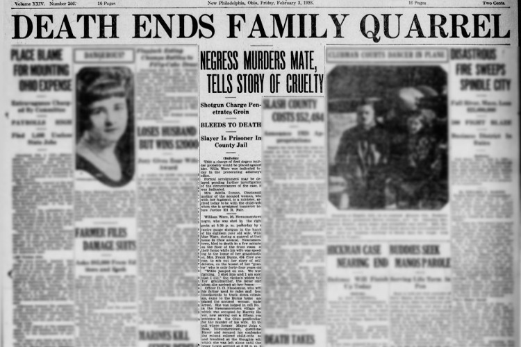 New Philadelphia, Ohio newspaper headline and story on the killing of William Ware, February 1928. (Source: newspapers.com)