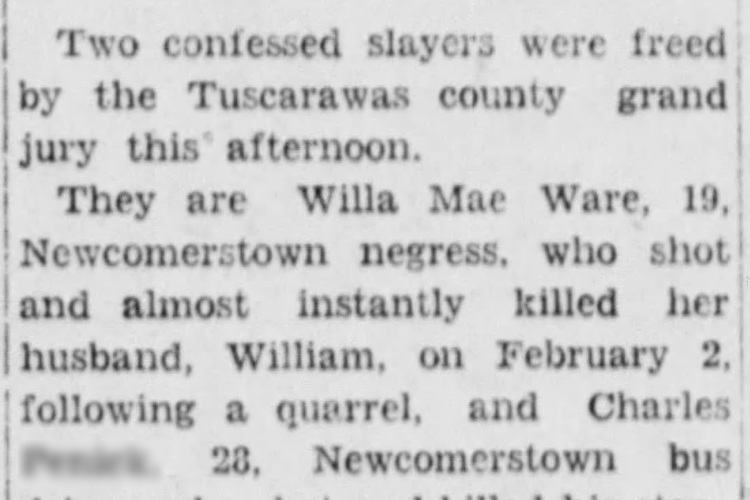 Detail from New Philadelphia, Ohio newspaper article on Willa May Ware's release, April 1928. (Source: newspapers.com)