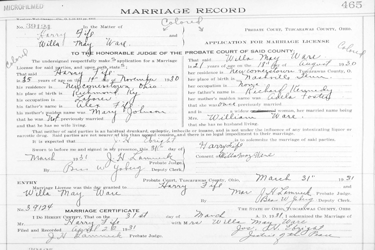 Willa May Ware's marriage to Harry Fife recorded in the Tuscarawas County records, March 1931. (Source: familysearch.org)