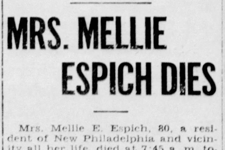 Mellie Espich's death reported in the New Philadelphia, Ohio newspaper, June 1940. (Source: newspapers.com)