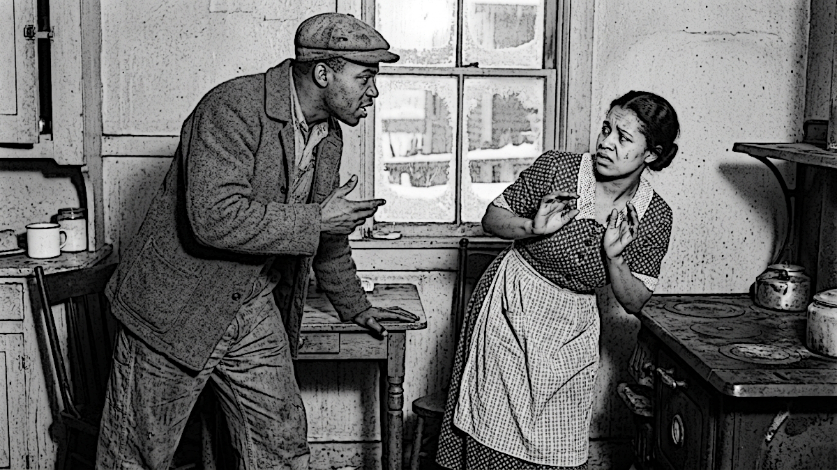 Ai generated image depicting William and Willa May Ware arguing in their kitchen, 2026. (Source: Google Flow)