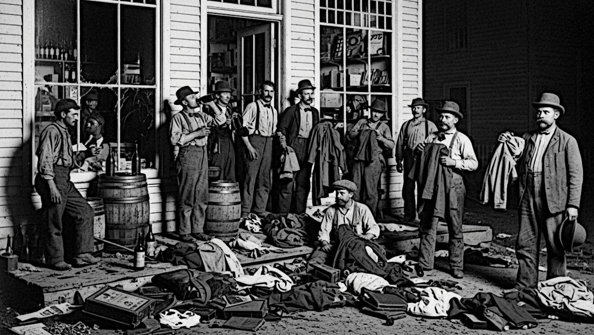 Ai image depicting the mob that looted Gilbert Linsey's Glasgow store room, 2026. (Source: ImageFX)