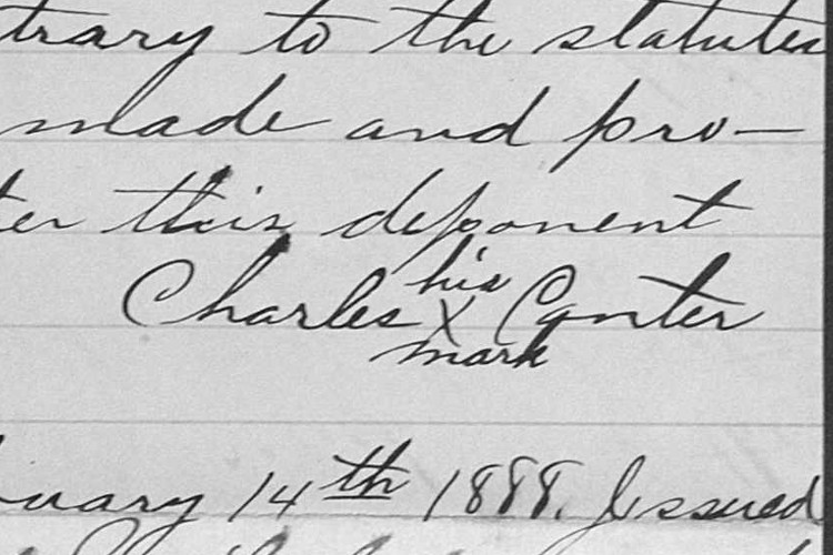 Charles Canter's "mark" on his statement to the Mayor of Dennison, February 1888. (Source: familysearch.org)