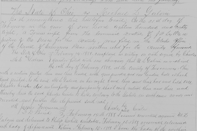 Detail from the criminal court records relating to the killing of Charles Canter by Michael Galvin, February 1888. (Source: familysearch.org)