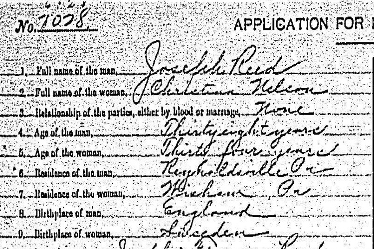 The marriage of Joseph Reed and Catherine Nelson recorded in Pennsylvania marriage records, January 1904. (Source: familysearch.org)