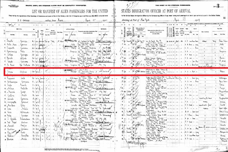 Antonio Lemoni recorded on the passenger manifest for the SS Chicago, April 1909. (Source: familysearch.org)