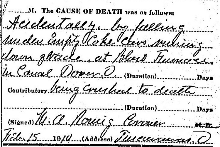 Antonio Lemoni's cause of death recorded on his death certificate, February 1910. (Source: familysearch.org)
