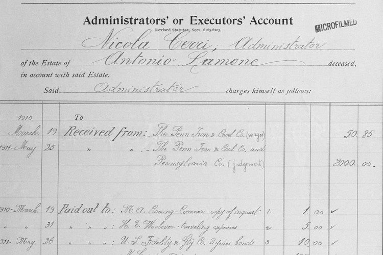Detail from Antonio Lemoni's estate record showing the $2,000 received from the Penn Iron and Coal Company, June 1911. (Source: familysearch.org)
