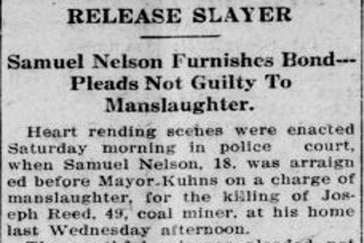 New Philadelphia, Ohio newspaper headline about the arraignment of Samuel Nelson for the killing of Joseph Reed, December 1914. (Source: newspaperarchive.com)