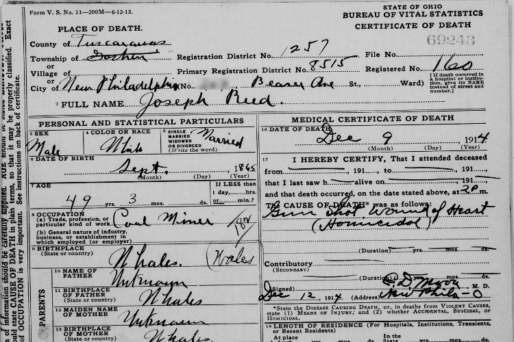 Joseph Reed's death certificate, December 1914. (Source: familysearch.org)