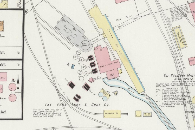 Depiction of the Penn Iron and Coal Company works from the 1914 Sanborn Fire Insurance Map for Dover, Ohio. (Source: loc.gov)